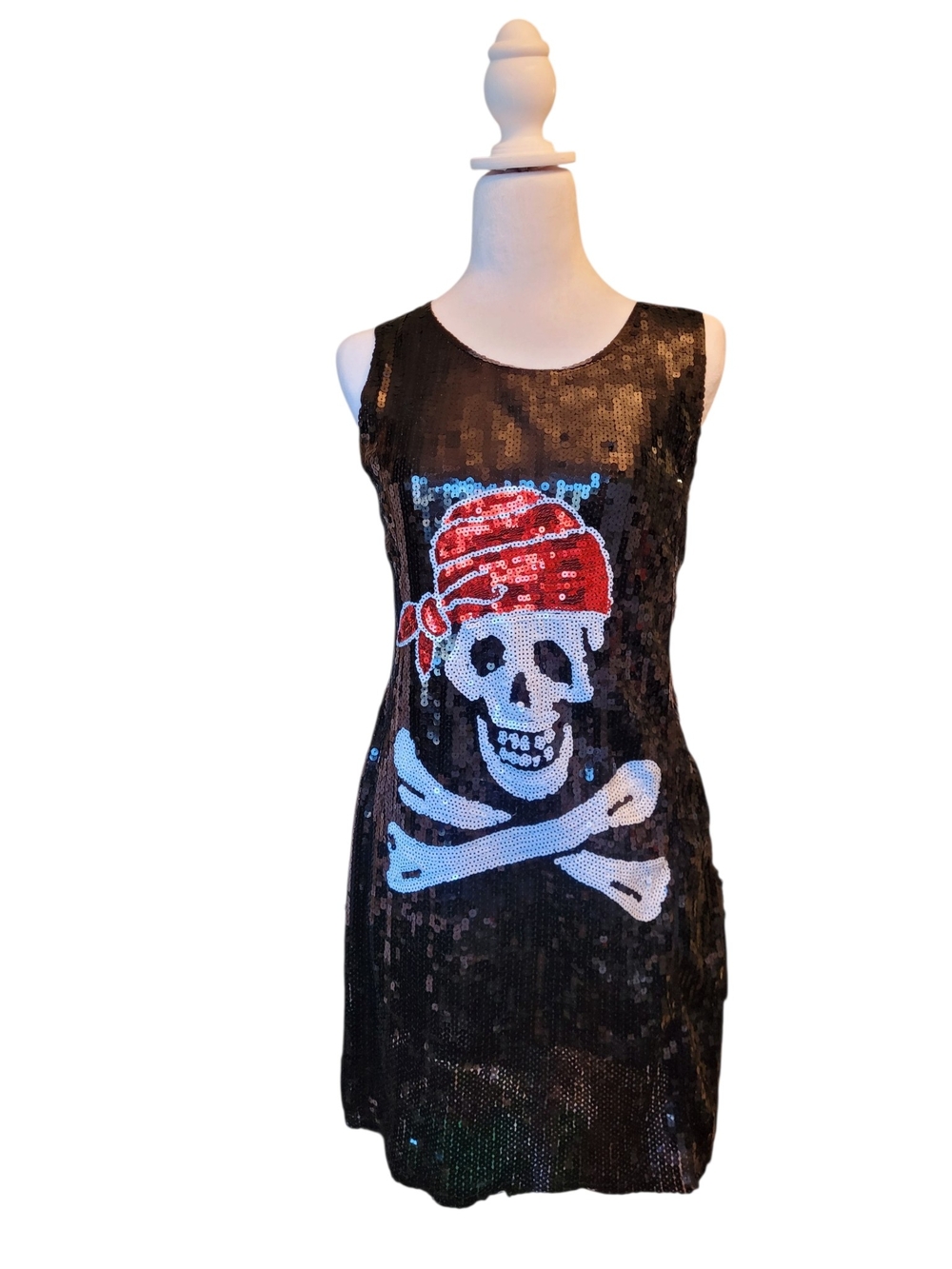Adult Costume Sequin Mini Dress with Pirate Skull Graphic One Size